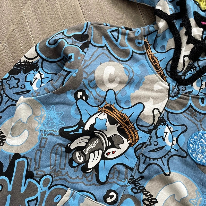 Blue Glo Gang Eroded Glo Thermal Hoodie Men Women High Quality Full Printed Cartoon Plush Print Oversize Hooded