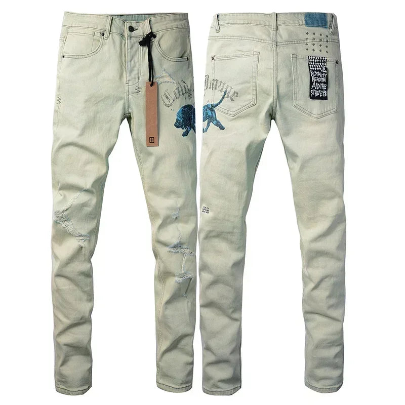 New KSUBI Jeans Men Paint Hole Trendy American High Street  Trend Low Rise Stretch Skinny Pleated Ripped Jeans
