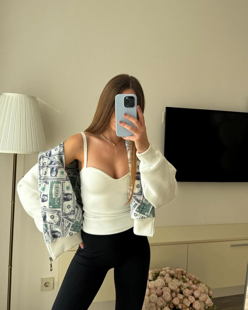 Oversized White Hoodie with Dollar Print Interior Women's 2025 New Streetwear Zip-Up Hooded Sweatshirt Fashion Casual Outerwear