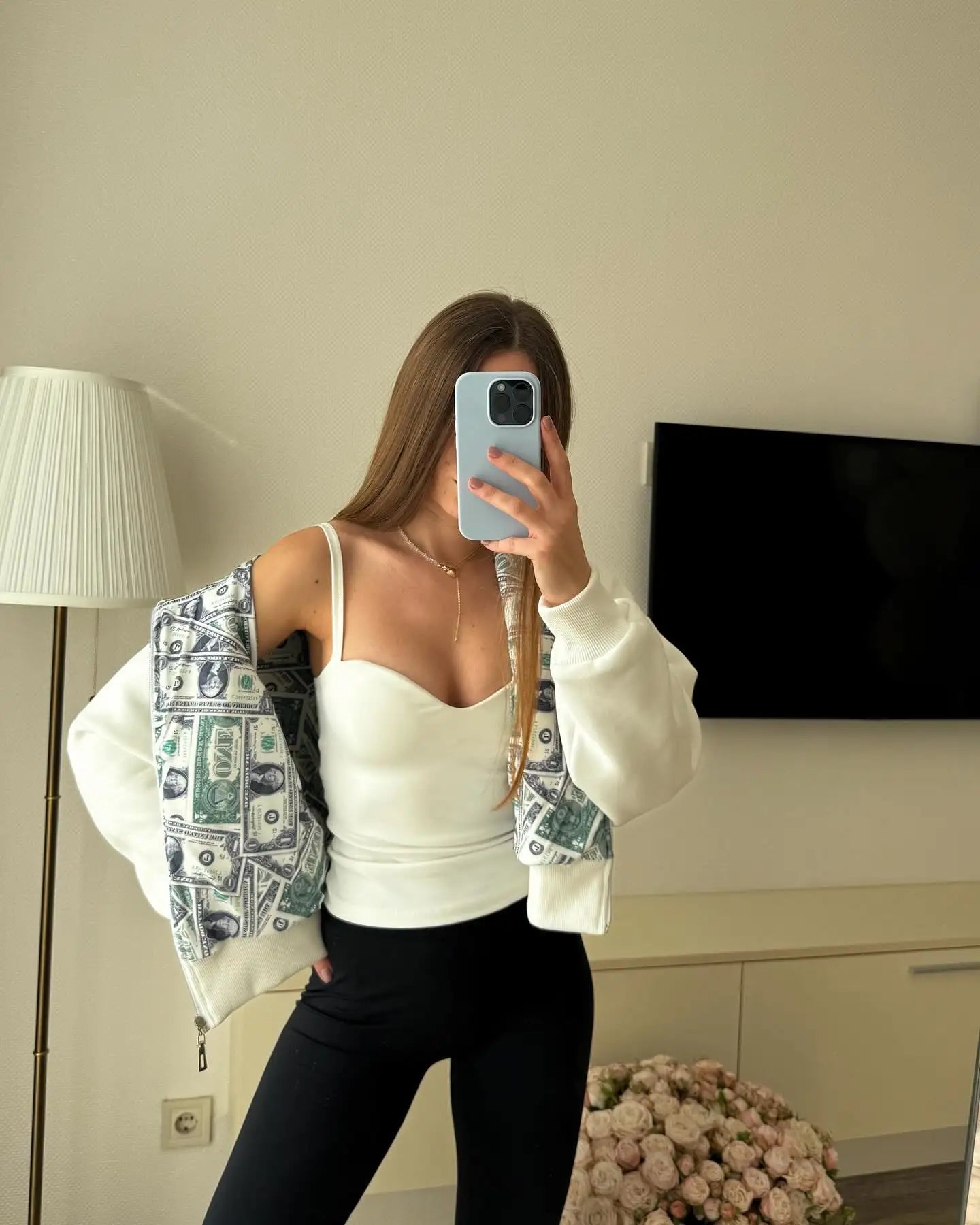 Oversized White Hoodie with Dollar Print Interior Women's 2025 New Streetwear Zip-Up Hooded Sweatshirt Fashion Casual Outerwear