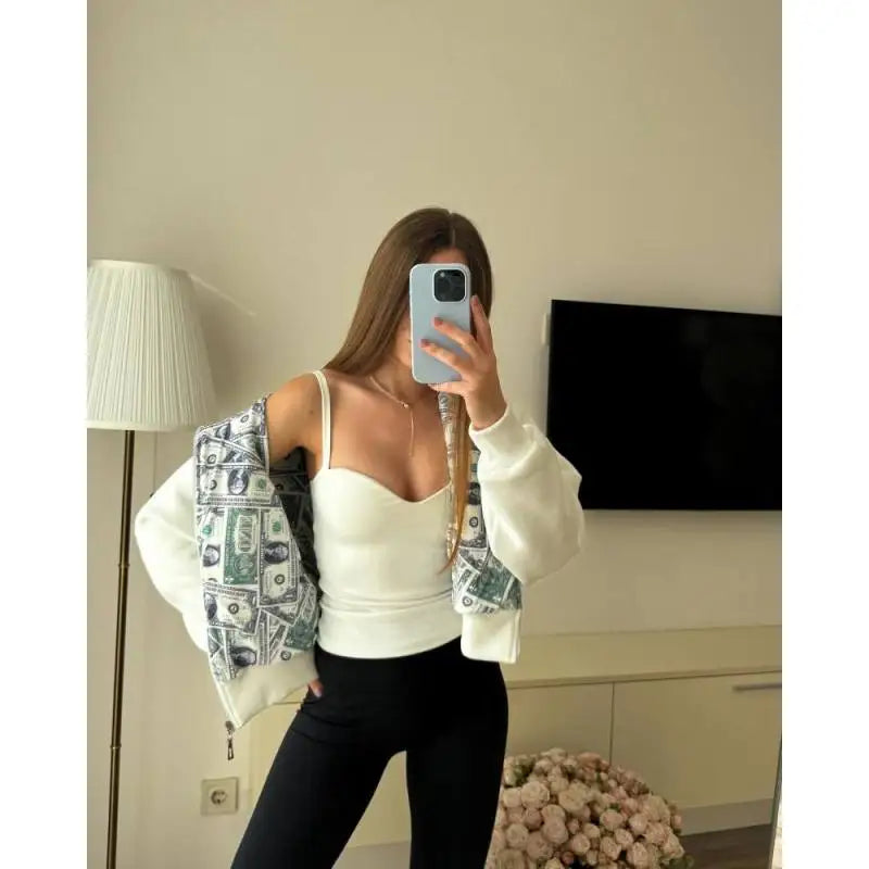 Oversized White Hoodie with Dollar Print Interior Women's 2025 New Streetwear Zip-Up Hooded Sweatshirt Fashion Casual Outerwear