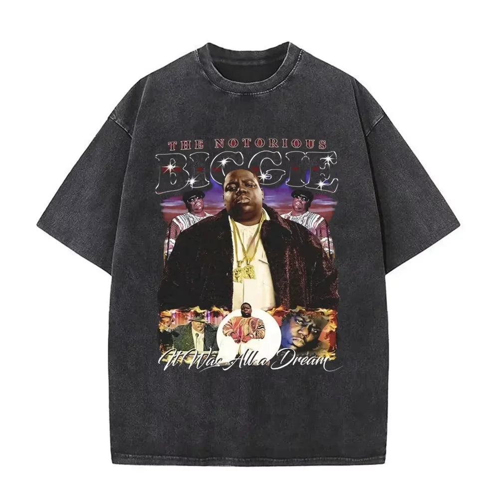 Washed Vintage Rapper The Notorious Big World Tour 97 T-shirt Biggie Smalls Print T Shirts Men Women Hip Hop Oversized T-shirts