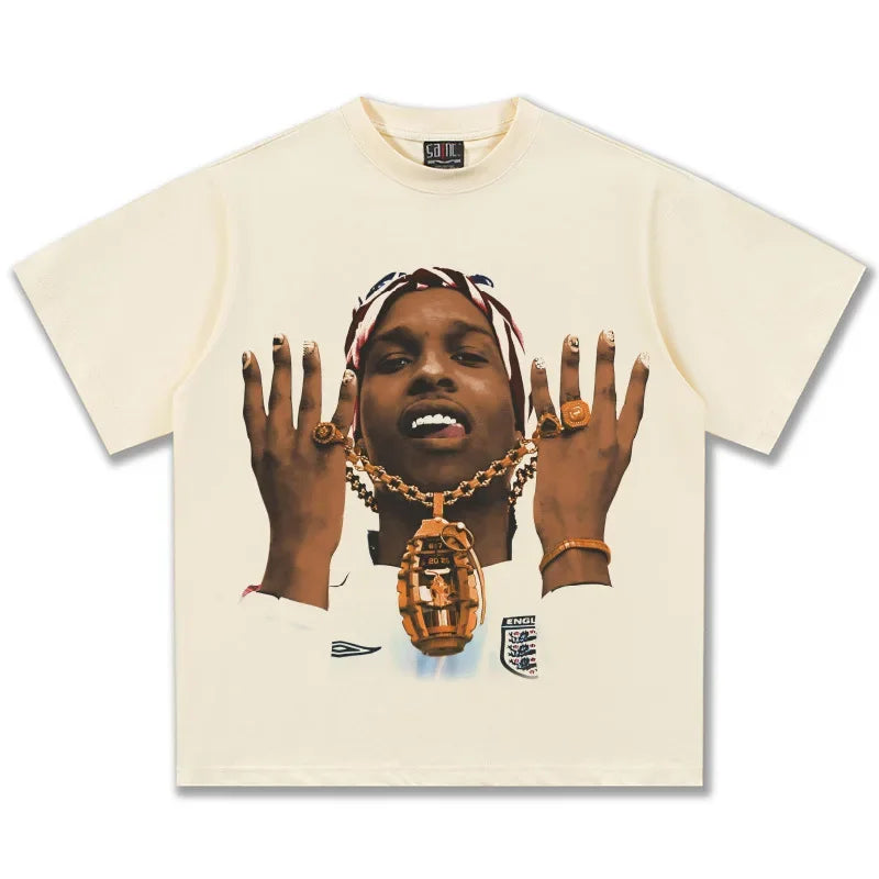 2025 Men's and Women's Asap Rocky American hip-hop retro print t-shirt fashion loose high street 100% cotton o-neck short sleeve